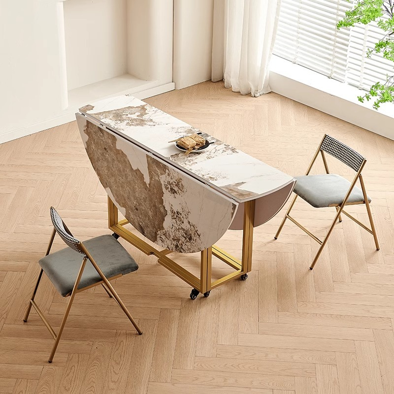 Small household foldable dining table, circular dining table, simple and storable dining table and chair combination, light luxury rock board round table-Smart-Living