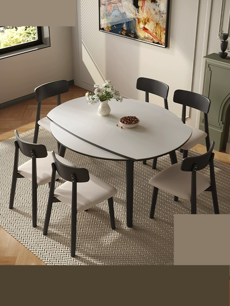 [Pre-order] Solid wood table modern simple telescopic dining table and chair combination variable round table and square dual use light rock plate table-Smart-Living