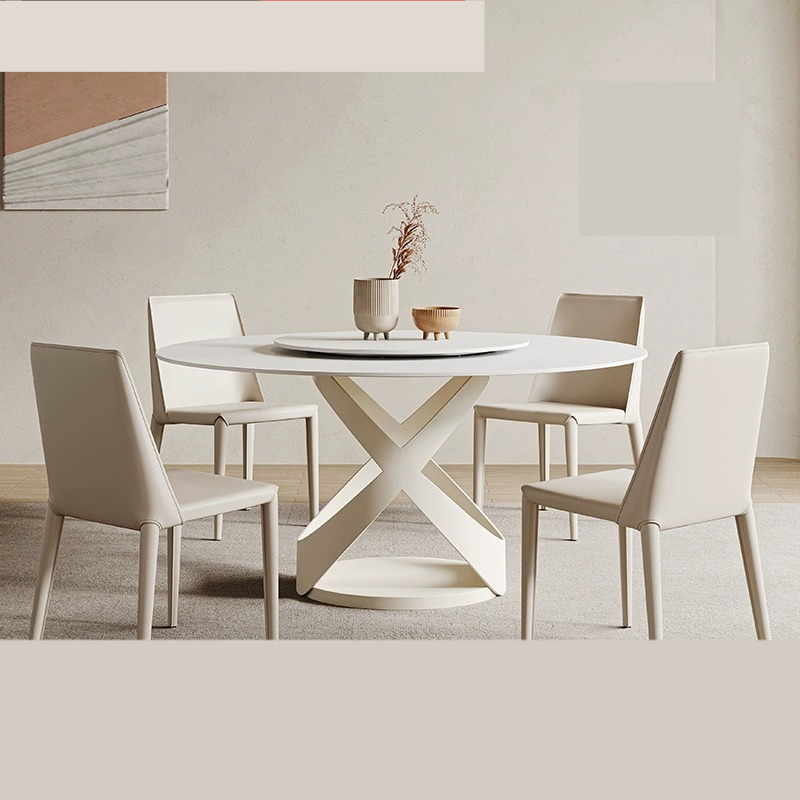 [Pre-order] Zhuzheng turntable round table light luxury light rock plate dining table and chair combination of modern simple household living room-Smart-Living