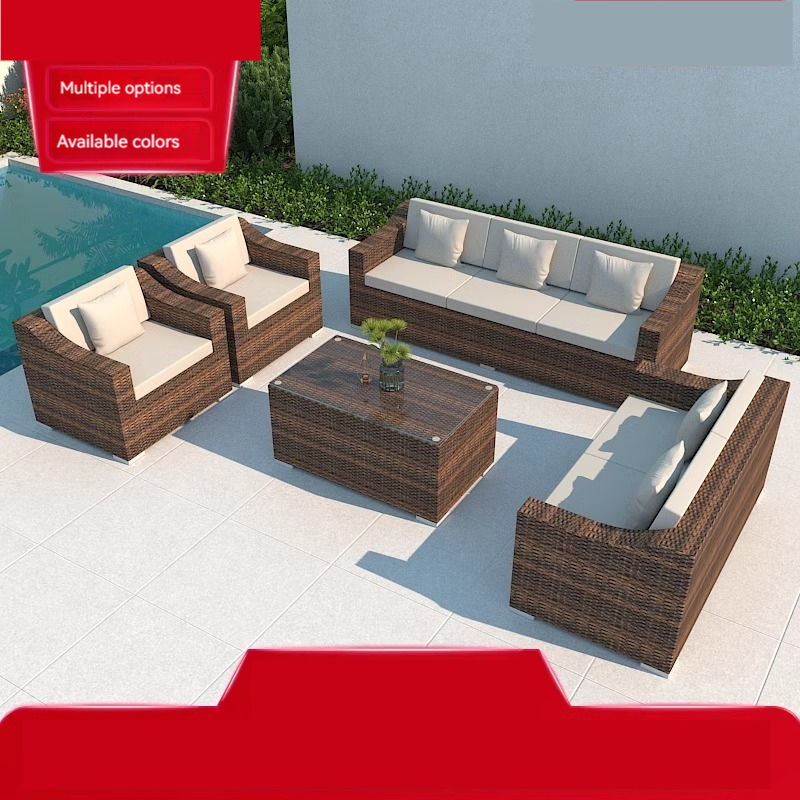 Outdoor sofa for courtyard, terrace, balcony, three-person leisure living room combination, made of rattan, suitable for outdoor use, waterproof.-Smart-Living