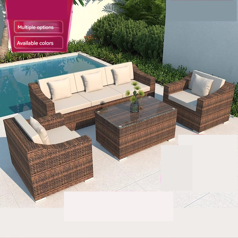 Outdoor Sofa Courtyard Terrace Balcony Three-person Leisure Living Room Combination Rattan Outdoor Rattan Chair Rattan Sofa Waterproof-Smart-Living