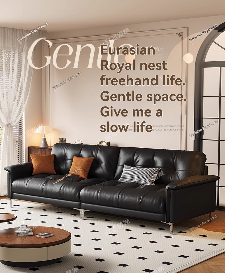 (PRE ORDER / BTO PACKAGE - OY - SOFA) Eurasian Imperial Nest Black Genuine Leather Sofa - Living Room Compact French Straight-Line Mid-Century Style Starry Cloud Sofa (2025 New Model