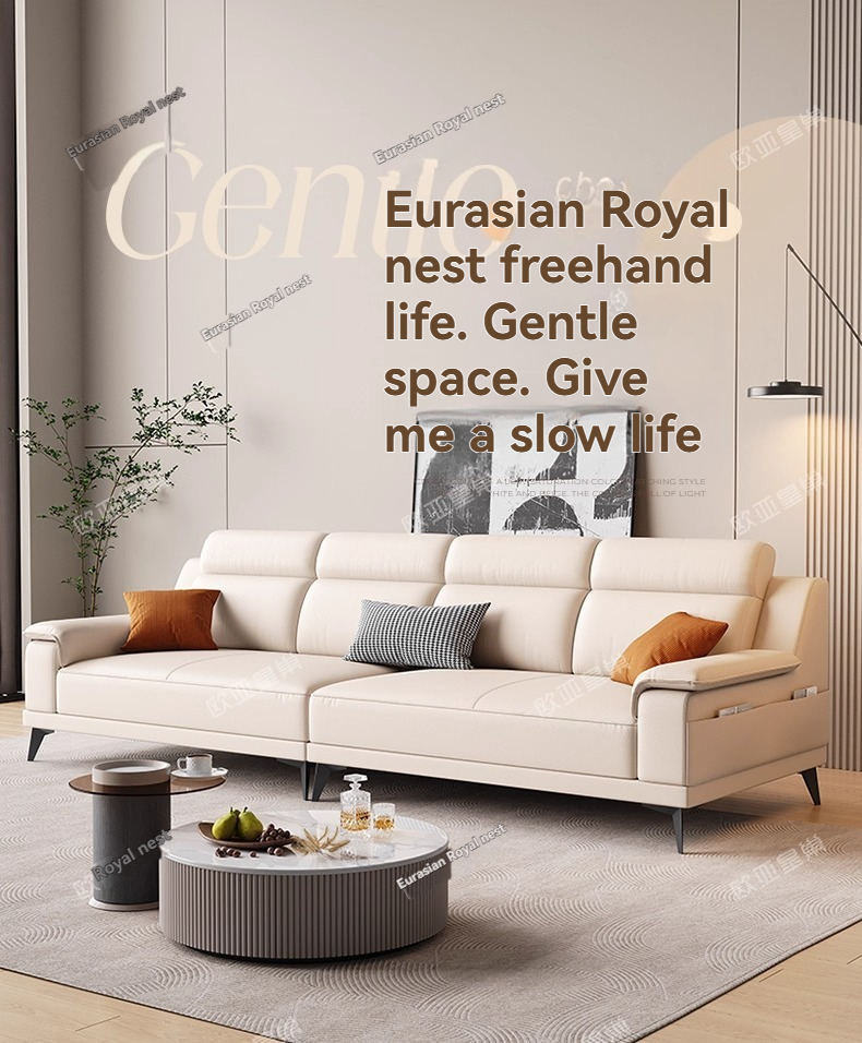 (PRE ORDER / BTO PACKAGE - OY - SOFA)Euro-Asian Royal Nest Genuine Leather Sofa – Modern Minimalist Straight-Line Three-Seater High Backrest Cream Style Leather Sofa for Small Living Rooms