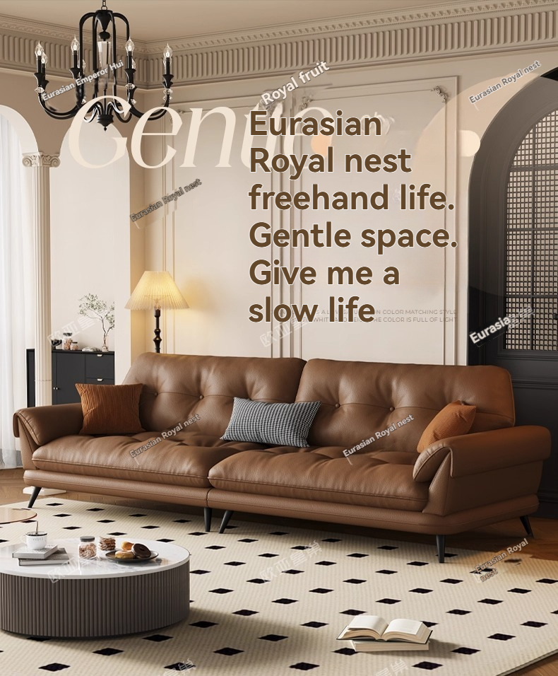 (PRE ORDER / BTO PACKAGE - OY - SOFA)Eurasian Royal Nest French Vintage Style Genuine Leather Sofa, Compact Living Room New Model 'Cloud Isle' Sofa in Retro Brown-Coffee Color