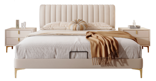 PRE ORDER / BTO PACKAGE - VR - bed - FD-855 Piano Key Luxury Tech Velvet Double Bed - French Cream Style Upholstered Master Bedroom Bed, Modern Minimalist Wedding Bed