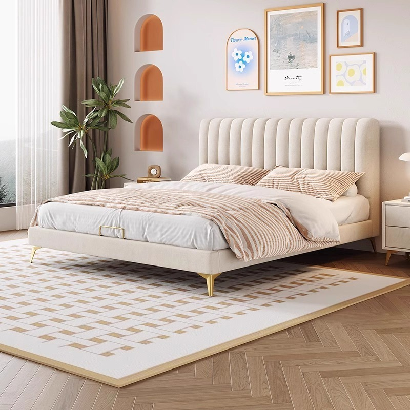 PRE ORDER / BTO PACKAGE - VR - bed - FD-855 Piano Key Luxury Tech Velvet Double Bed - French Cream Style Upholstered Master Bedroom Bed, Modern Minimalist Wedding Bed