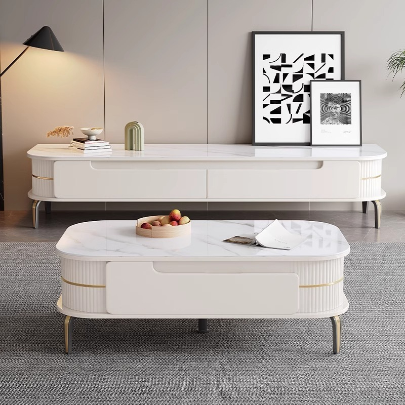 (PRE ORDER / BTO PACKAGE)Modern Minimalist Living Room Luxury Sintered Stone Coffee Table and TV Cabinet Set with Storage Drawers – Floor-Standing Design for Home Use