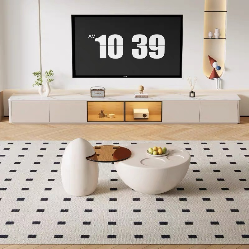 (PRE ORDER / BTO PACKAGE)Modern Minimalist High-End Living Room Cream Style Sintered Stone Coffee Table and TV Cabinet Set – New Design for Compact Homes