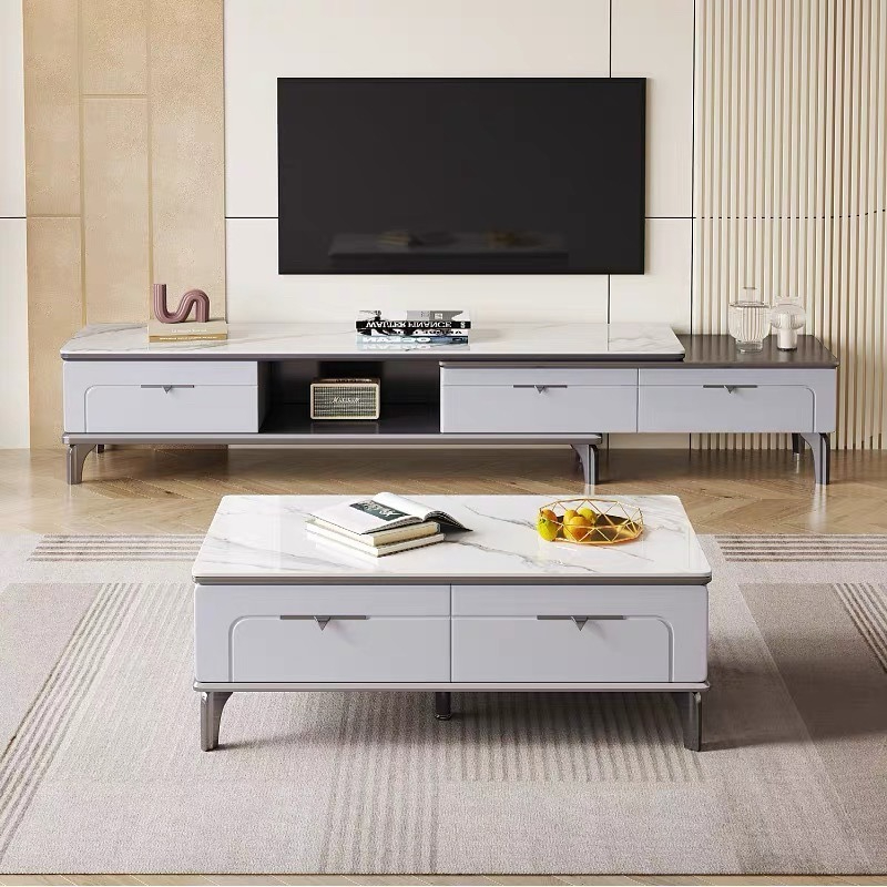 (PRE ORDER / BTO PACKAGE)Modern Minimalist High-End Living Room Cream Style Sintered Stone Coffee Table and TV Cabinet Set – New Design for Compact Homes          "