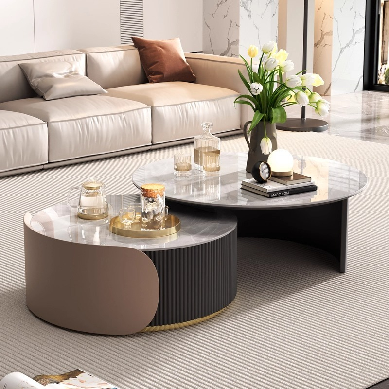 PRE ORDER / BTO PACKAGE - VR - Coffee Table - FD-607 Stone Panel Coffee Table - Simple and Modern, Suitable for Various Home Sizes, Extendable Round Side Table Set