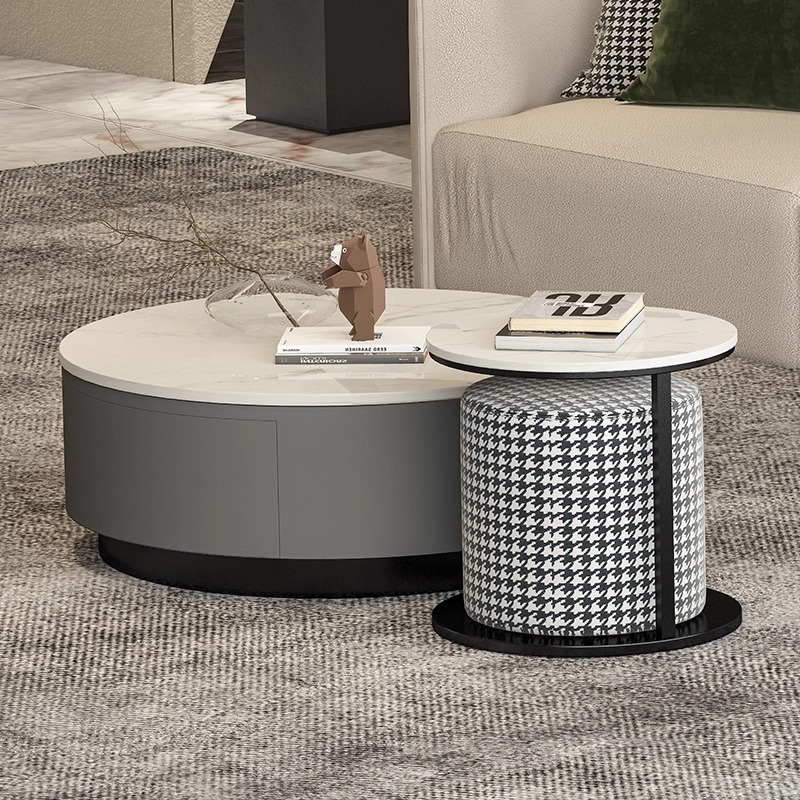 PRE ORDER / BTO PACKAGE - VR - Coffee Table - FD-612 Italian-style sintered stone round combination coffee table with drawers, modern minimalist living room, compact home creative movable side table