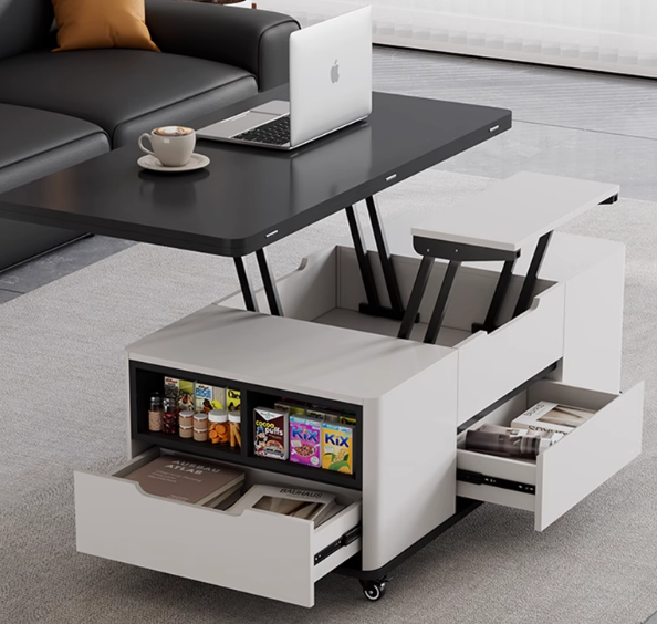 PRE ORDER / BTO PACKAGE - VR - Coffee table -9019# Movable Lift-Top Coffee Dining Table 2-in-1 with Stools – Space-Saving Multi-Functional Furniture for Small Apartments, Made with Stone Panel