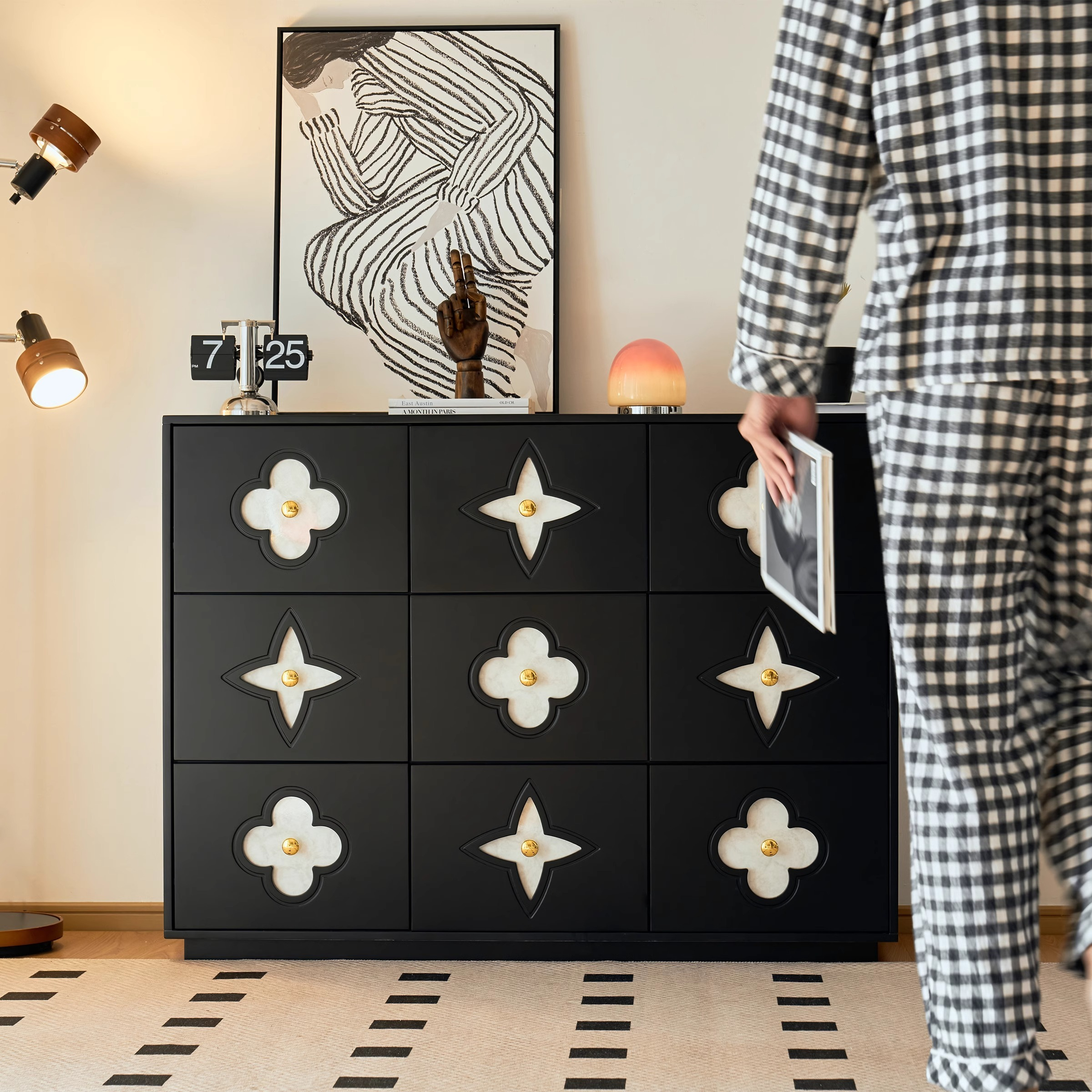 [Pre-order] Black French retro living room entrance cabinet bedroom drawer bedside cabinet storage dining side shell nine drawers-Smart-Living