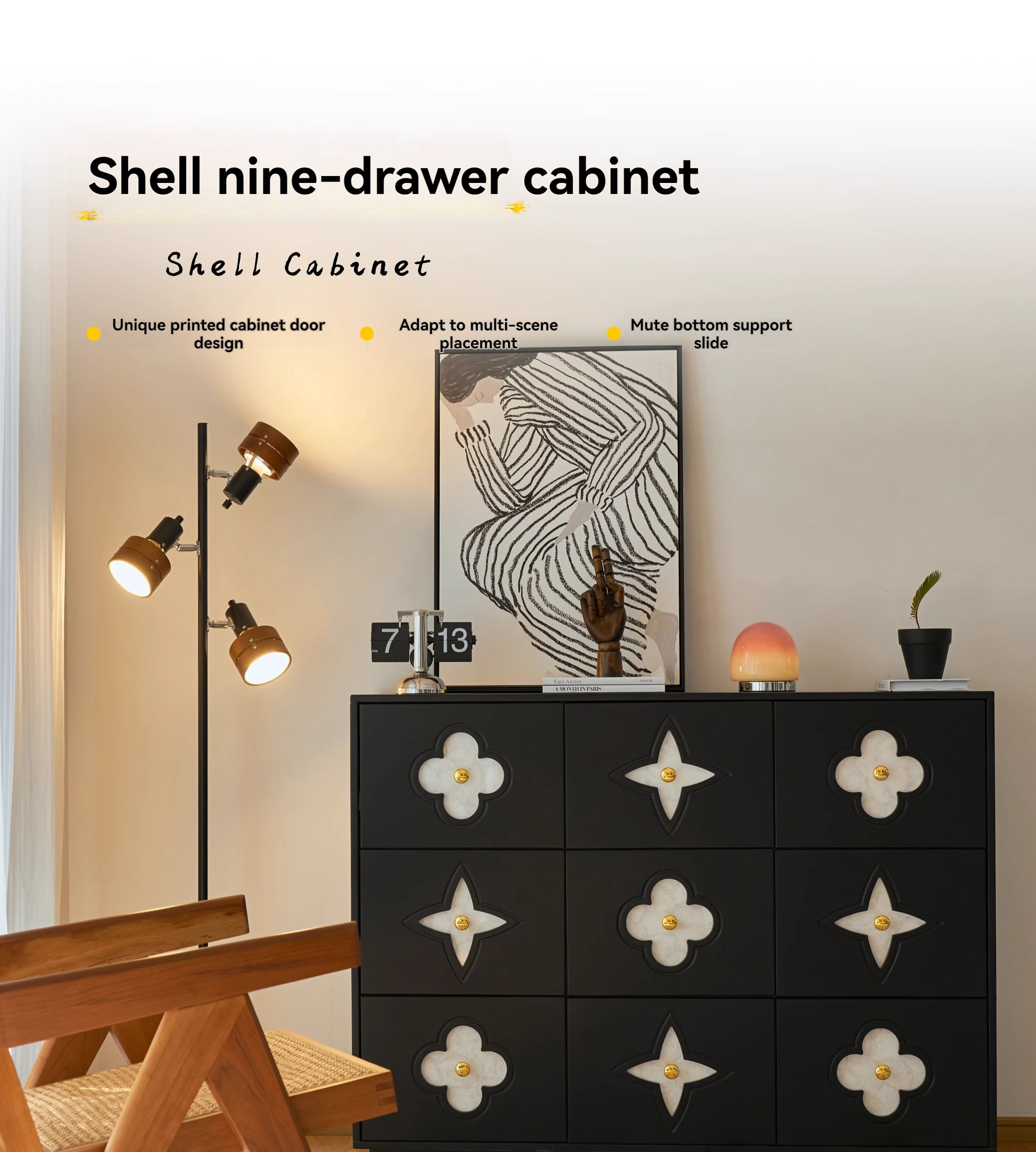 [Pre-order] Black French retro living room entrance cabinet bedroom drawer bedside cabinet storage dining side shell nine drawers-Smart-Living