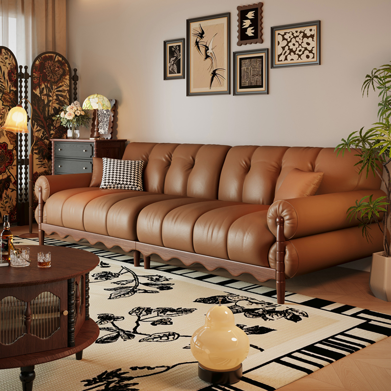 [PRE-ORDER] Solid wood black high-end American retro leather sofa 