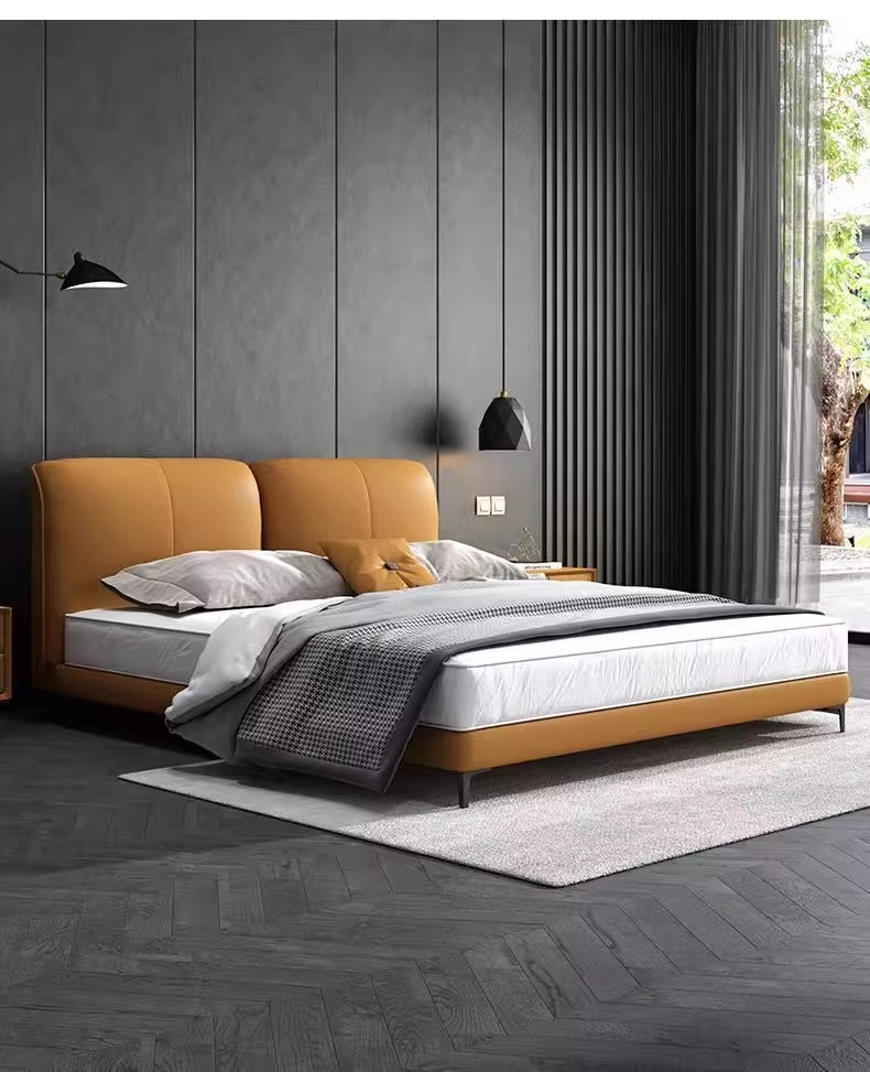 PRE ORDER / BTO PACKAGE - VR - bed - FD-637 Nordic Italian Bed - Modern Minimalist Luxury Double Bed, 1.8m Small Space Master Bedroom Wedding Bed, Soft Upholstered Genuine Leather Bed