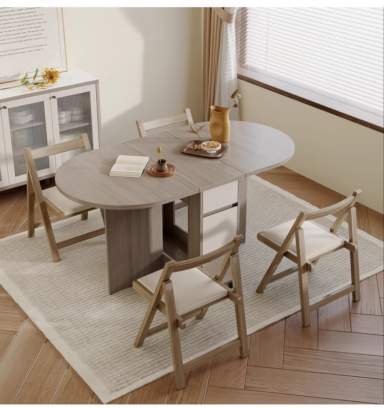 [ Pre-order ]  Wooden Moon Rock Plate Dining Table Modern Simple Foldable Dining Table New Family Four Person Round Dining Table and Chair Combination-Smart-Living