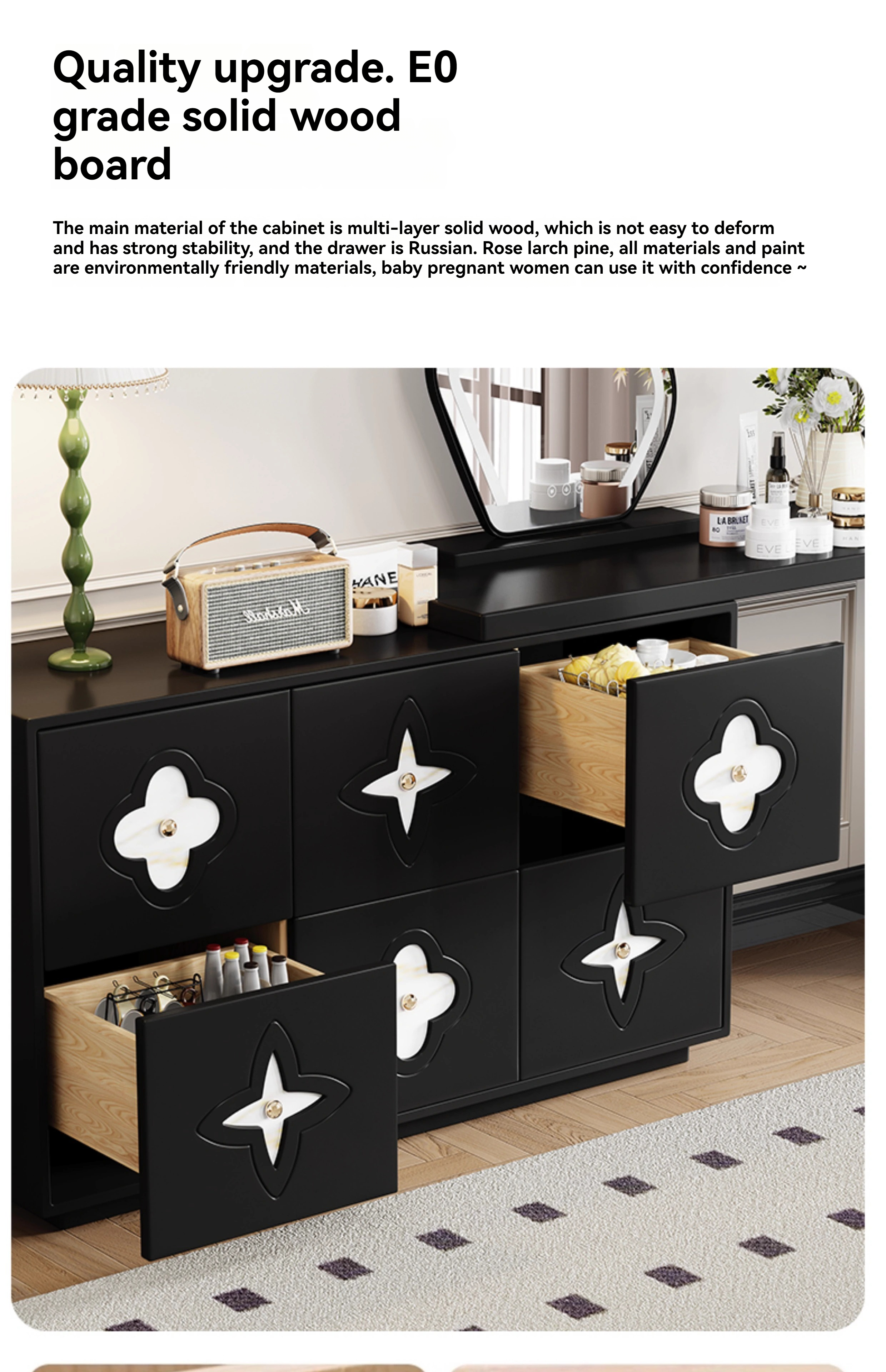 [Pre-order] Solid wood dressing table storage cabinet integrated cream style bedroom storage bucket modern simple bedside cabinet storage cabinet-Smart-Living