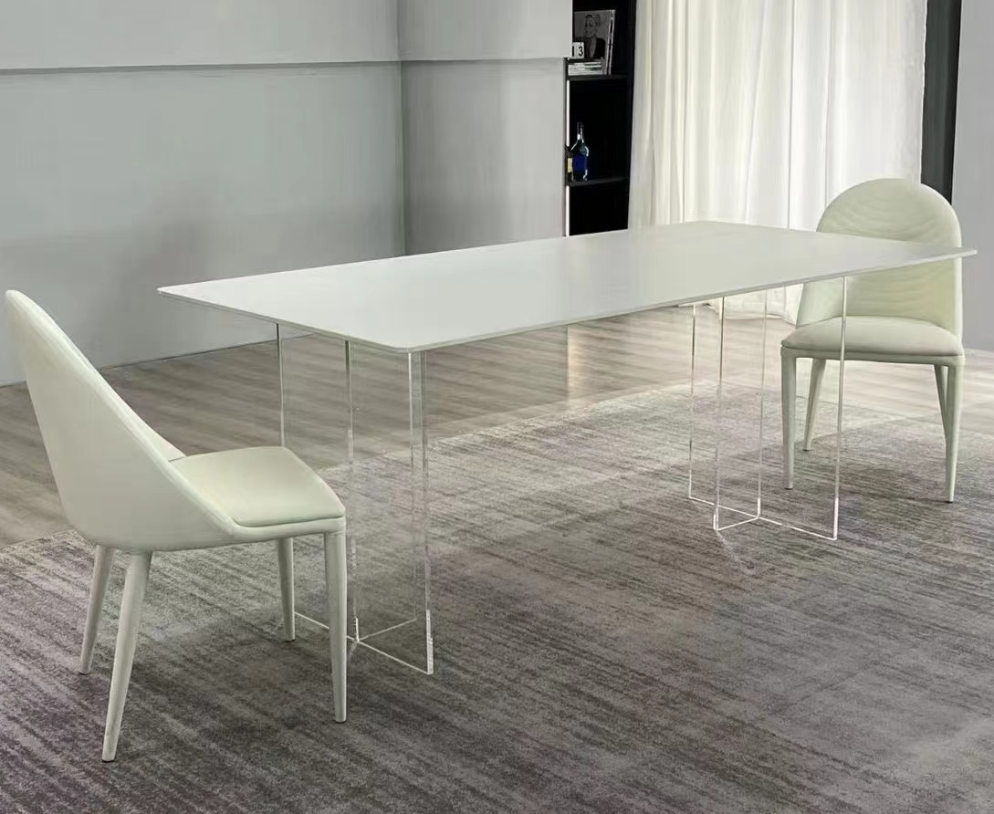 PRE ORDER / BTO PACKAGE - VR - Dinning Table - FD-C21 Acrylic Floating Rock Panel Dining Table – Light Luxury Modern Minimalist, Small Space Friendly, Cream Aesthetic, Transparent Rectangle Dining Platform