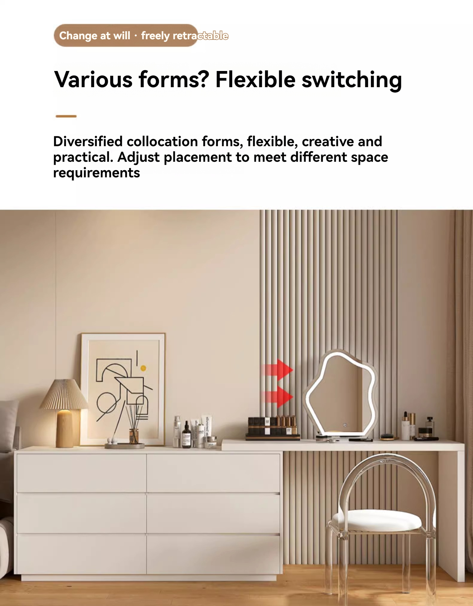 [Pre-order] (Paint-free) Solid wood chest of drawers dressing table storage cabinet combination all-in-one multifunctional bedroom telescopic corner dressing table-Smart-Living