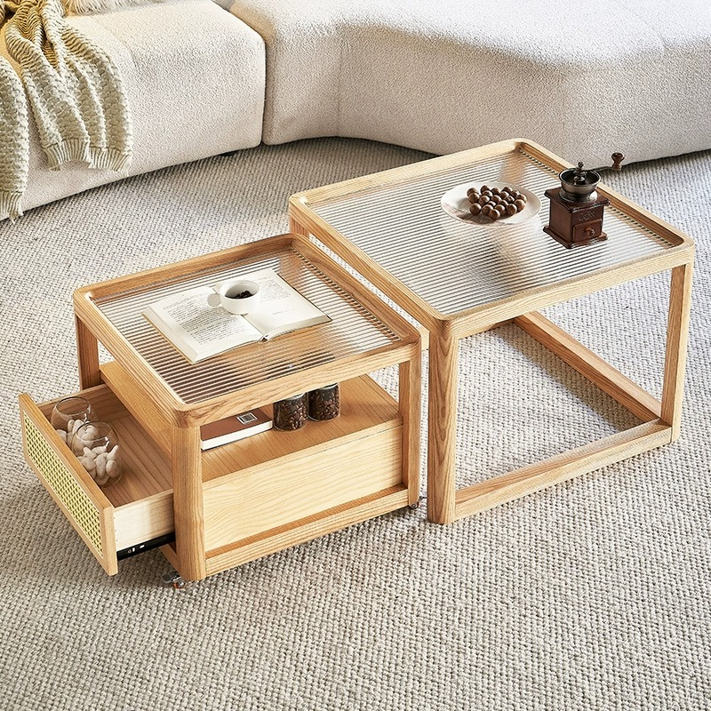 [Pre-order] LEMARS Changhong glass coffee table moving side table combination Nordic log style countertop ash net red square tea table-Smart-Living