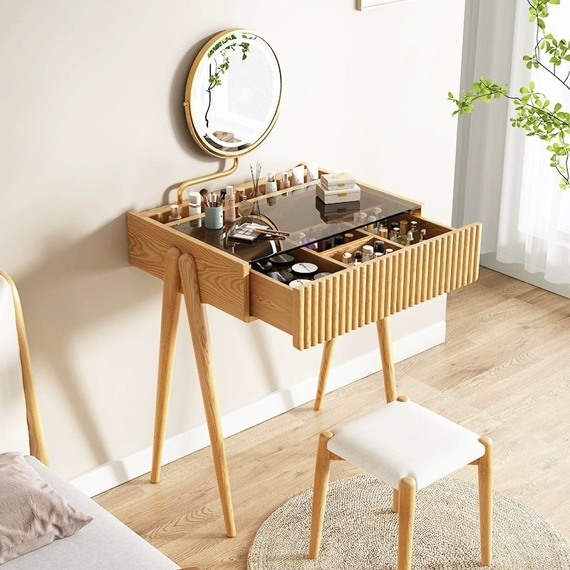 [Pre-orrder] LEMARS small apartment dressing table, solid wood dressing table, ash desk, bedroom, modern minimalist log dresser-Smart-Living