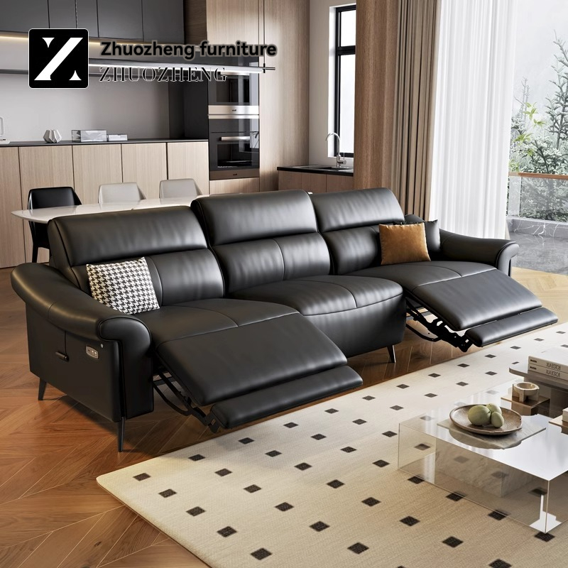 [Pre-order] Italian minimalist leather sofa, living room with zero wall support, multifunctional electric sofa, straight three seater black sofa-Smart-Living