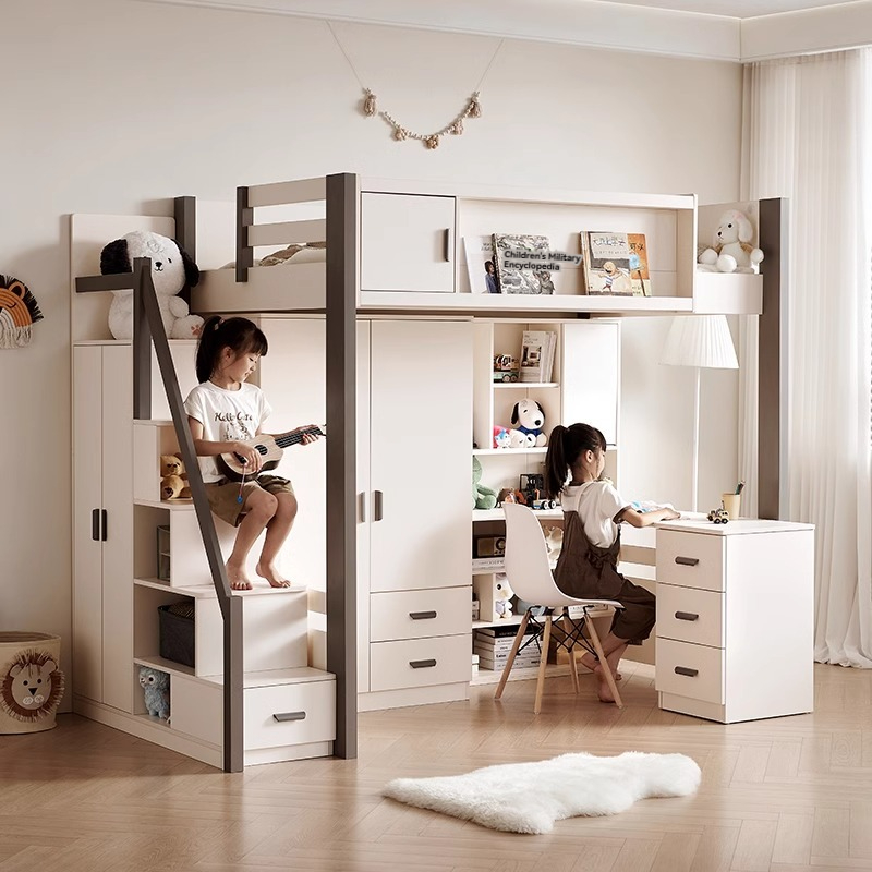 [Pre-order] Cream style solid wood bed and table combination for small household use, including high and low beds for students and children, and a desk with a bunk bed underneath-Smart-Living