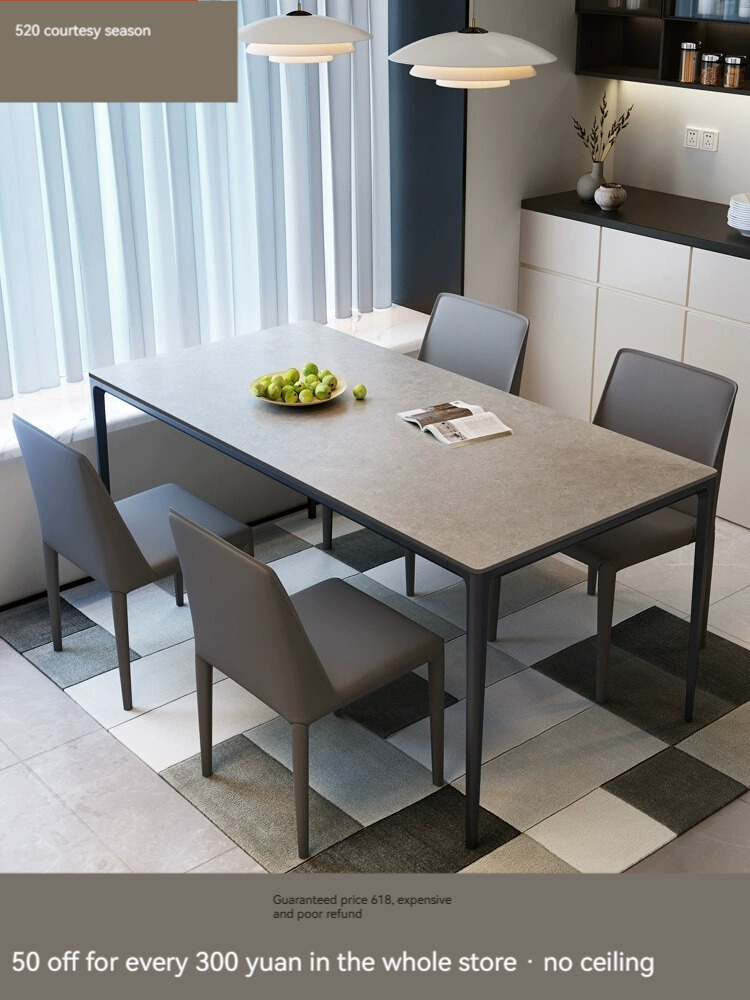 [Pre-order] Italian very simple rock plate dining table and chair combination of modern simple household dining table small aluminum alloy rectangular dining table-Smart-Living