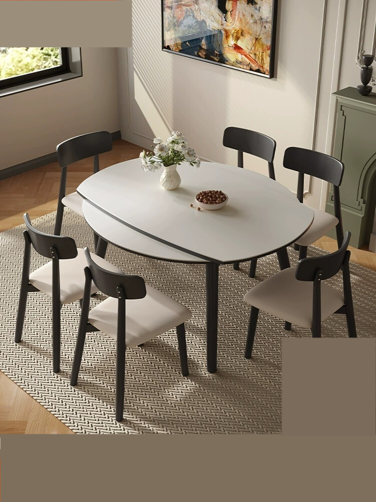 [Pre-order] Solid wood table modern simple telescopic dining table and chair combination variable round table and square dual use light rock plate table-Smart-Living