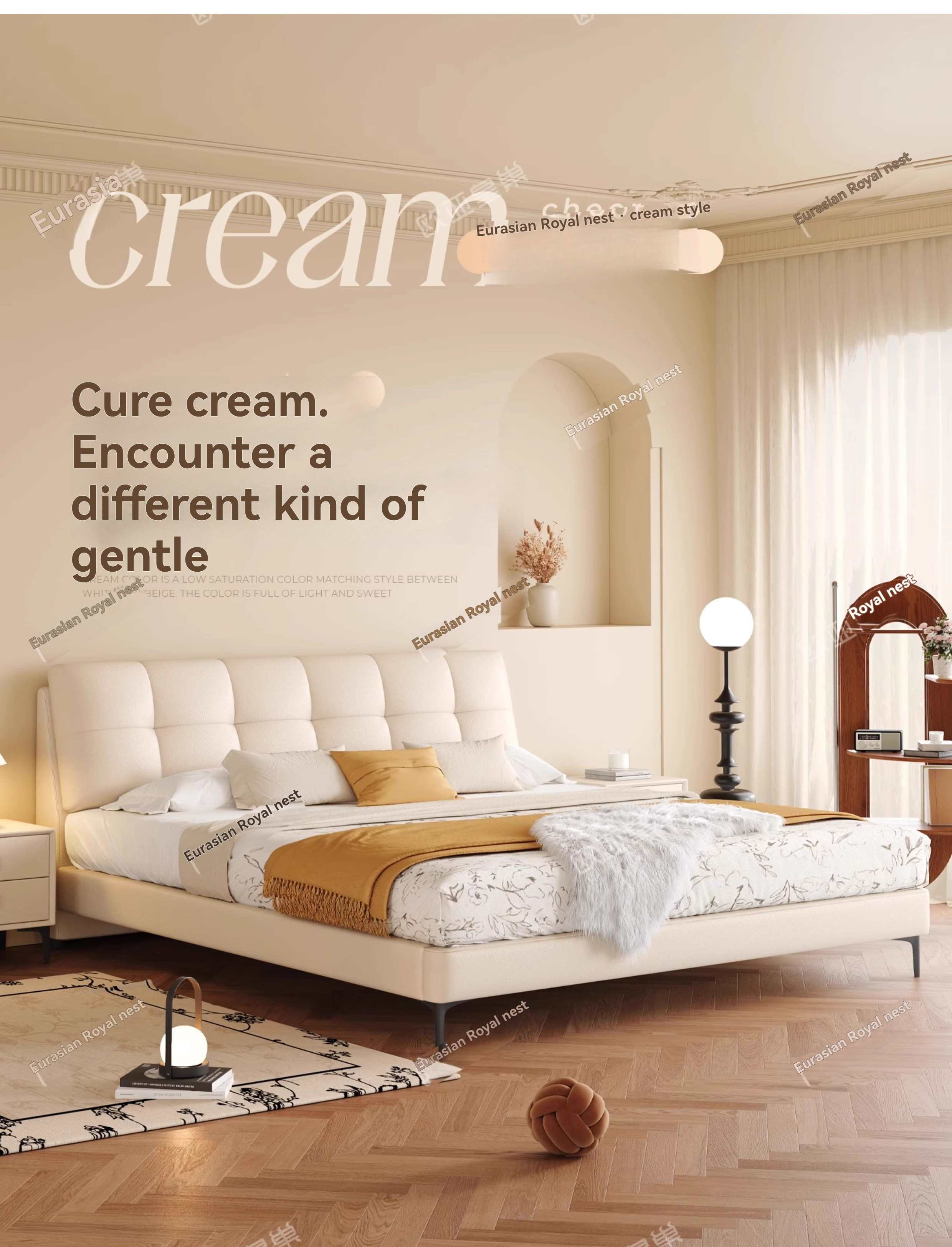 (PRE ORDER / BTO PACKAGE - OY - SOFA-PC262-GJ)Eurasia Imperial Cloud Puff Bed – Cream Style High-Leg Genuine Leather Bed for Master Bedroom, Luxurious and Elegant Double Bed, 2025 New Model