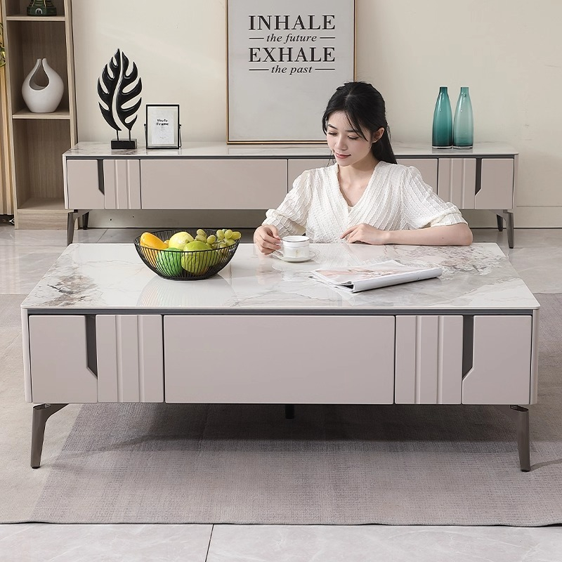 PRE ORDER / BTO PACKAGE - VR - Coffee Table - FD-609 Italian Minimalist Coffee Table - Simple Modern Small Apartment Living Room Home Creamy Style Rock Panel