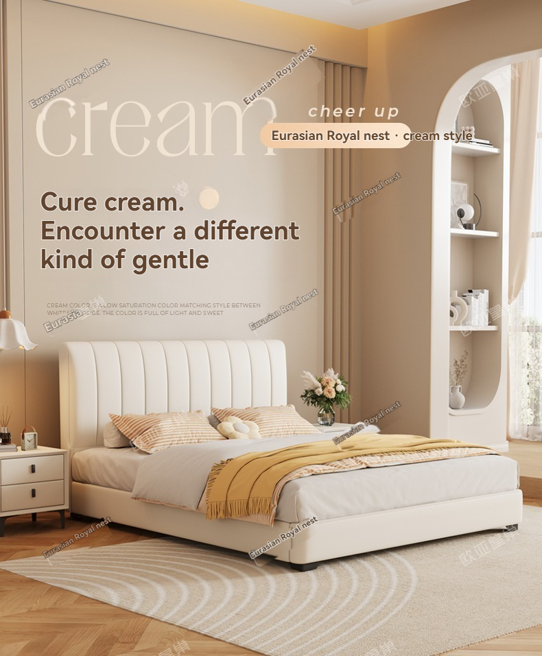 (PRE ORDER / BTO PACKAGE-ZP-SB-017)Ouyah Royal Palace Piano Key Bed – Light Luxury Genuine Leather Double Bed for Master Bedroom, Elegant Cream Style Upholstered Internet Celebrity Wedding Bed