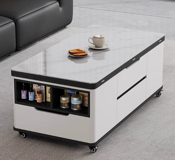 PRE ORDER / BTO PACKAGE - VR - Coffee table -9019# Movable Lift-Top Coffee Dining Table 2-in-1 with Stools – Space-Saving Multi-Functional Furniture for Small Apartments, Made with Stone Panel