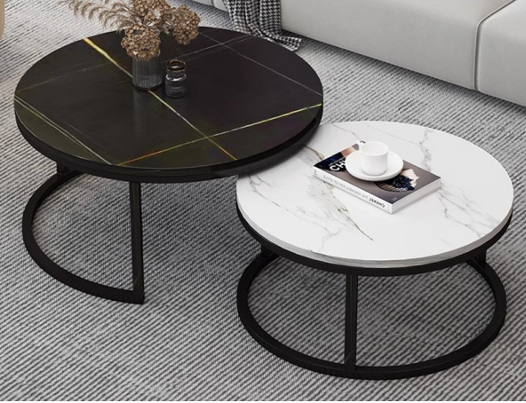 PRE ORDER / BTO PACKAGE - VR - Coffee Table - FD-602 Modern Round Nesting Coffee Table - Sleek Gray & White Stone Glass Design for Compact Spaces & Offices