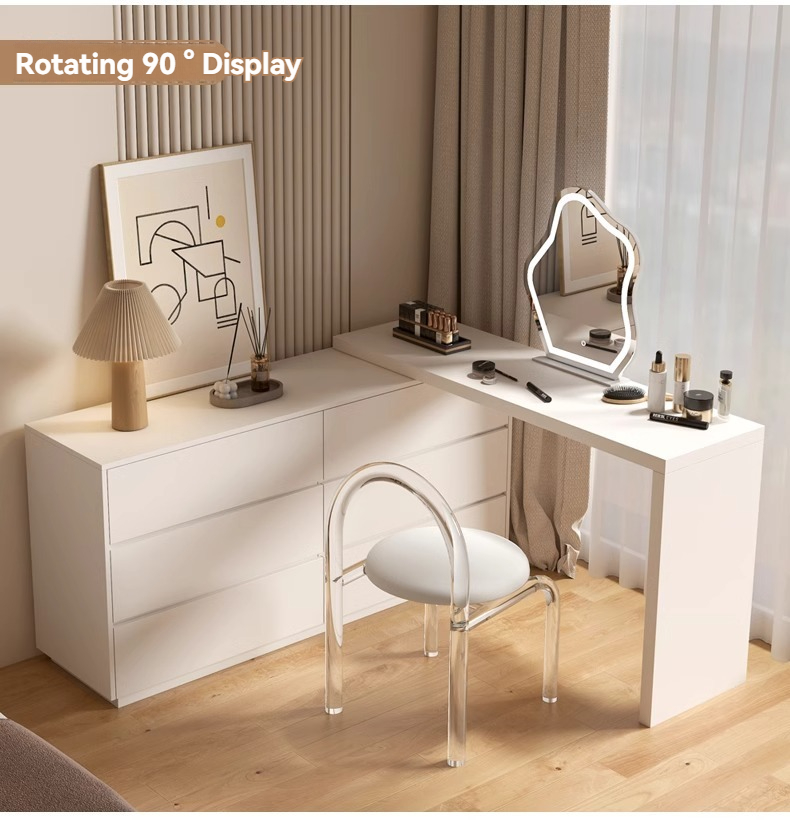 [Pre-order] (Paint-free) Solid wood chest of drawers dressing table storage cabinet combination all-in-one multifunctional bedroom telescopic corner dressing table-Smart-Living