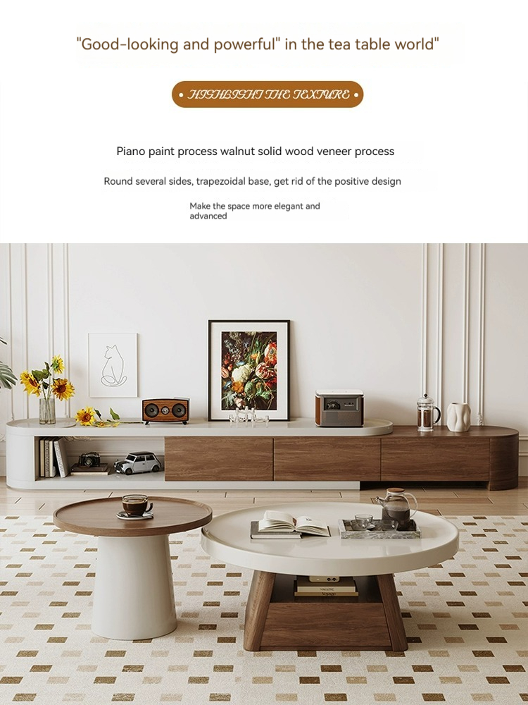 [Pre-order] Tea table living room household small apartment simple size round tea table retro in ancient style round tea table TV cabinet combination-Smart-Living