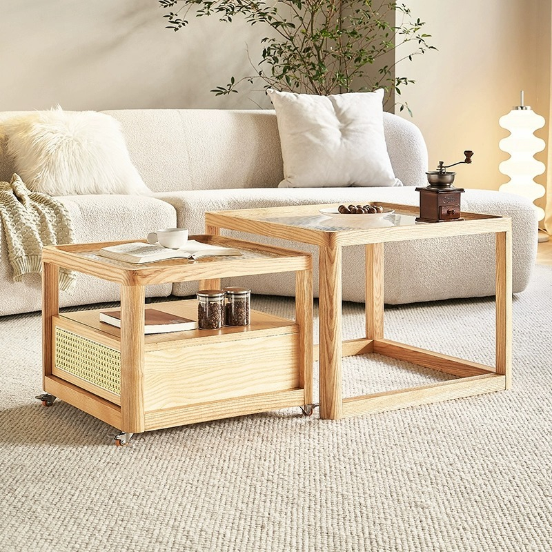 [Pre-order] LEMARS Changhong glass coffee table moving side table combination Nordic log style countertop ash net red square tea table-Smart-Living