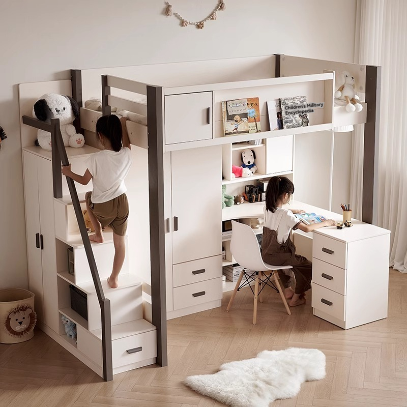 [Pre-order] Cream style solid wood bed and table combination for small household use, including high and low beds for students and children, and a desk with a bunk bed underneath-Smart-Living