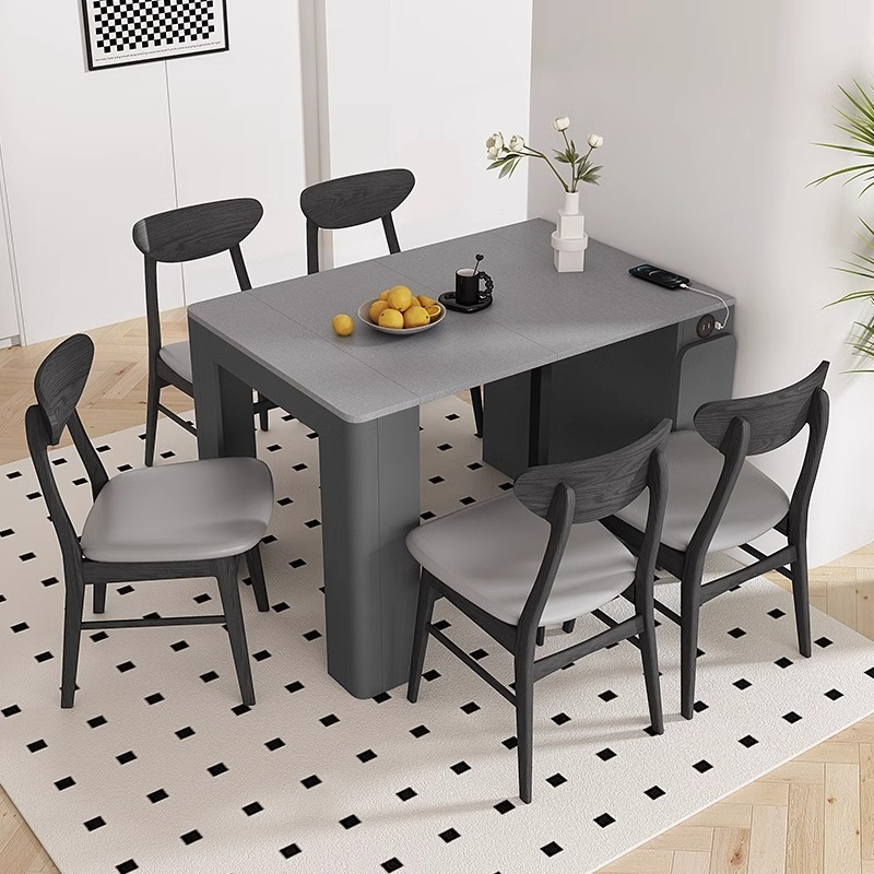 [Pre-order] Scalable and foldable rock slab dining table, dining chair, side cabinet combination, small-sized household solid wood space saving dining table-Smart-Living