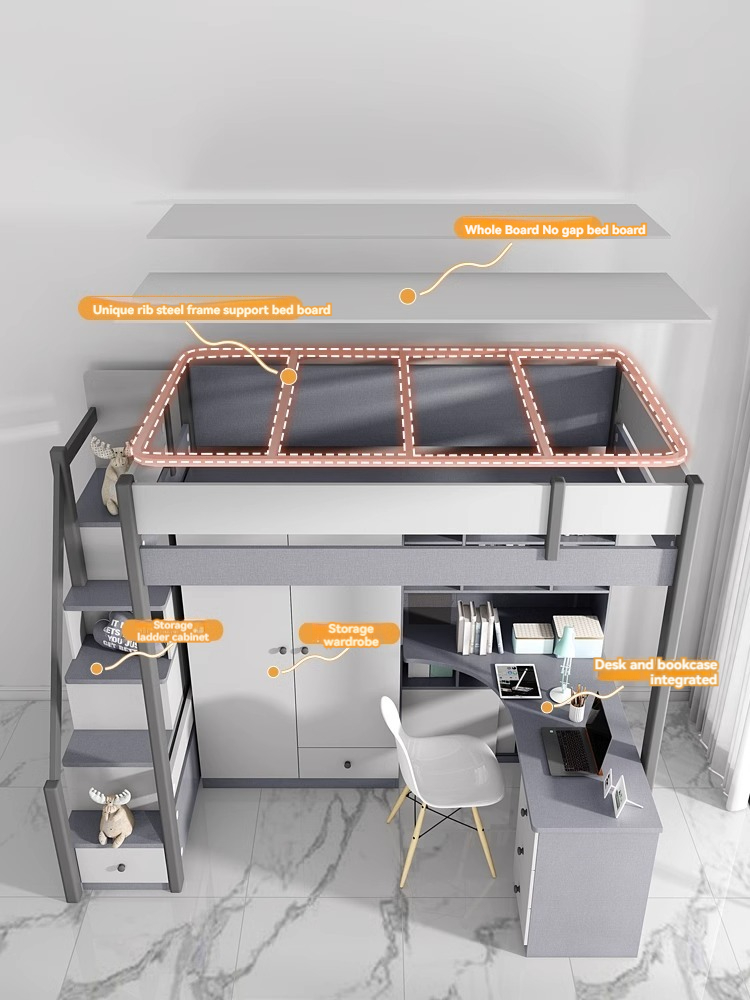 [Pre-order] Bed and table combination small unit solid wood bed column high and low bunk bed with desk and wardrobe integrated children's bed-Smart-Living