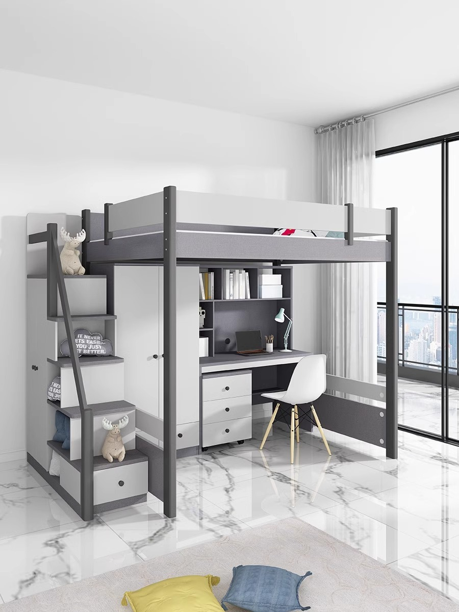 [Pre-order] Combination bed with bunk bed and desk for both adults and small households, solid wood bed pillars, high and low children's bunk bed with desk-Smart-Living