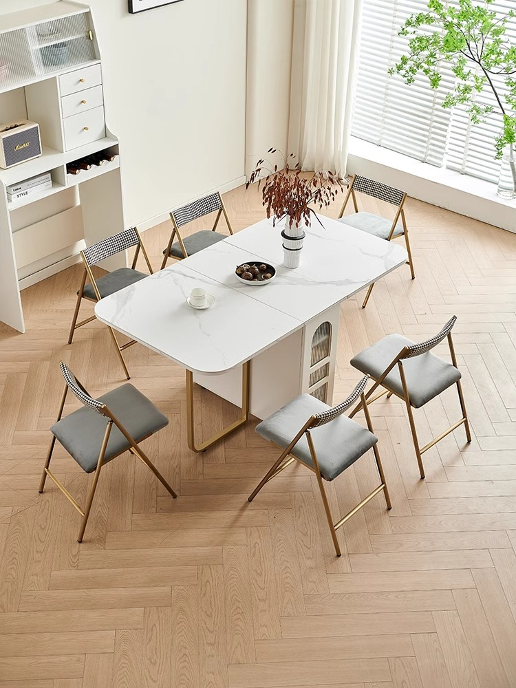 Rock panel folding dining table, simple and modern small unit decoration, space saving, rectangular telescopic dining table, light luxury table-Smart-Living