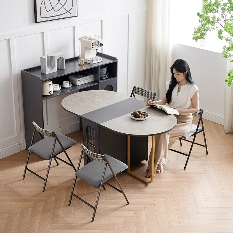 Solid wood folding dining table, integrated dining edge cabinet, small unit, light luxury style, multifunctional, movable dining rock board folding table-Smart-Living