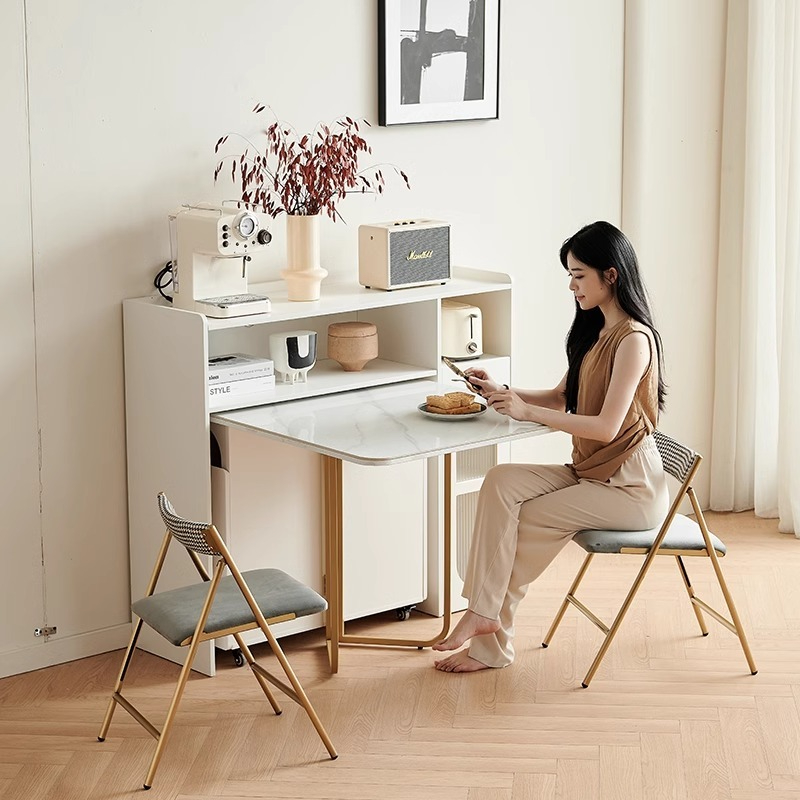 Light luxury rock panel folding dining table integrated multifunctional wine cabinet for small household use, expandable rectangular dining table-Smart-Living