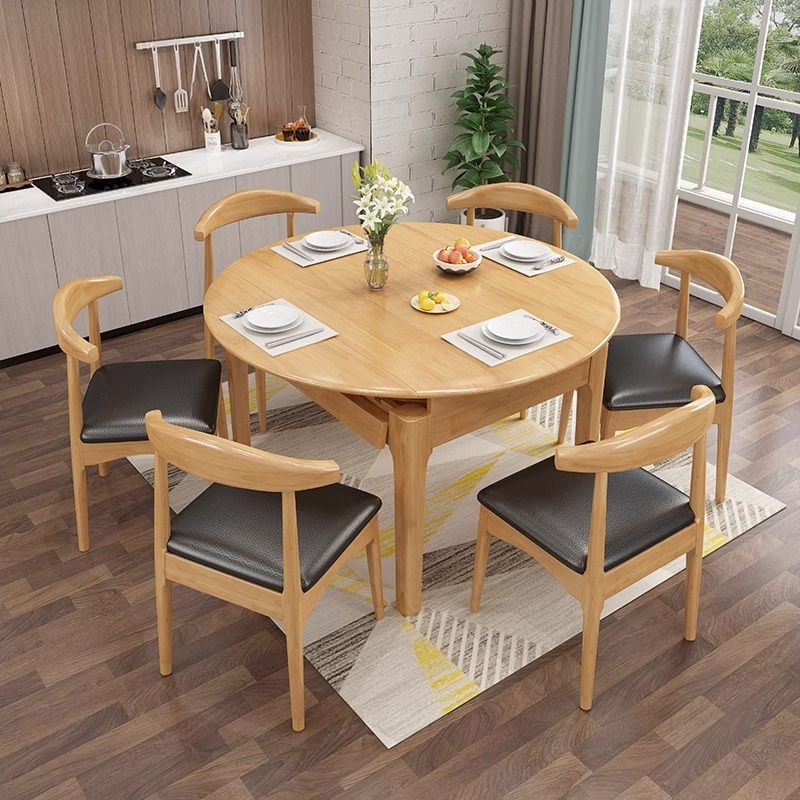 [Pre-order] All solid wood dining table and chairs Scandinavian simple modern retractable folding dining table household 4 people small dining table variable round table-Smart-Living