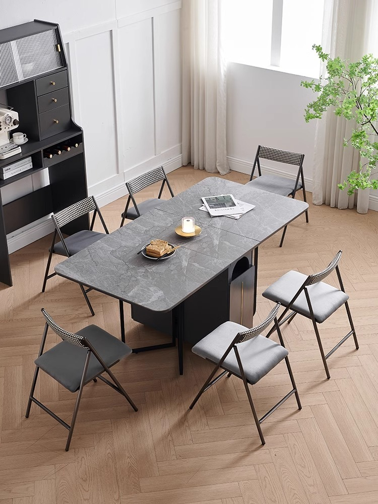Rock board folding dining table and chair combination, multifunctional and extendable, simple household dining table, solid wood light luxury folding table-Smart-Living
