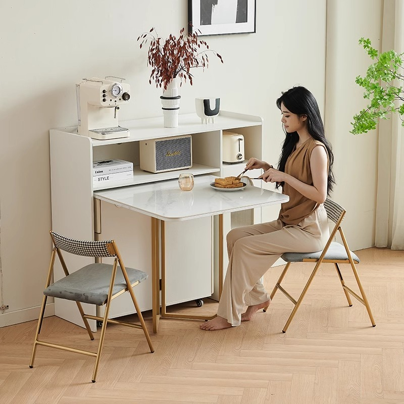 Solid wood rock panel folding dining table, glass wine cabinet, integrated small household, expandable rectangular dining folding table-Smart-Living