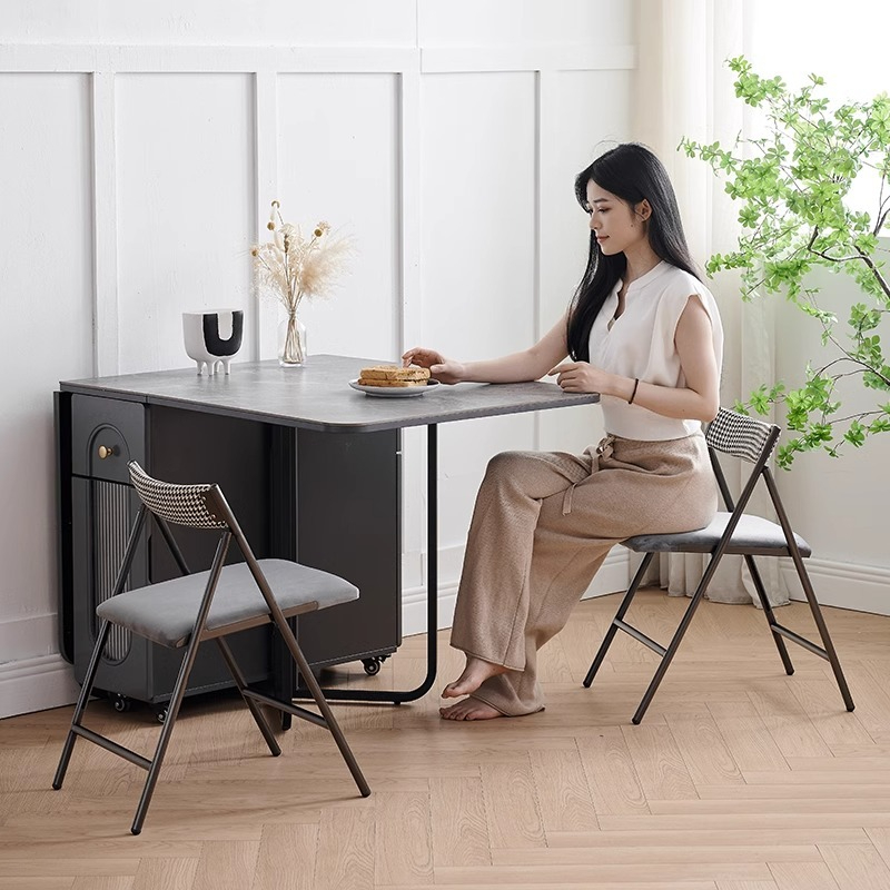 Solid wood folding dining table, glass door, wine cabinet, one piece, extendable, light luxury household small unit rectangular folding table-Smart-Living