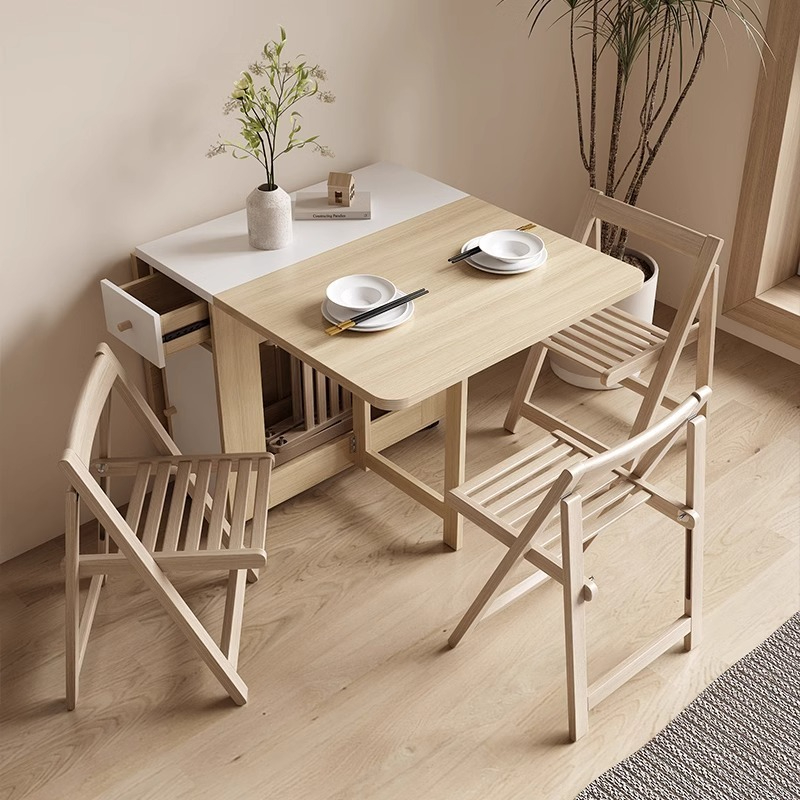 Folding dining table, modern minimalist dining table for small household use, rectangular expandable solid wood simple dining table-Smart-Living
